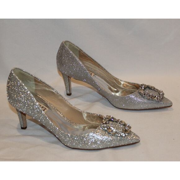 NEW BADGLEY‎ MISCHKA CHER METALLLIC SLIVER GLITTER SANDALS SZ 7 - Picture 1 of 8